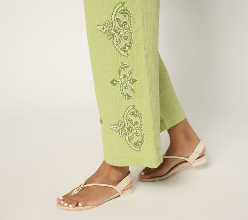 Susan Graver PURE Petite Getaway Gauze Embroidered Wide Leg Pants — View 12