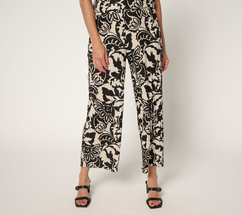 Susan Graver Petite Printed Pleated Knit Wide-Leg Crop Pants — Main view
