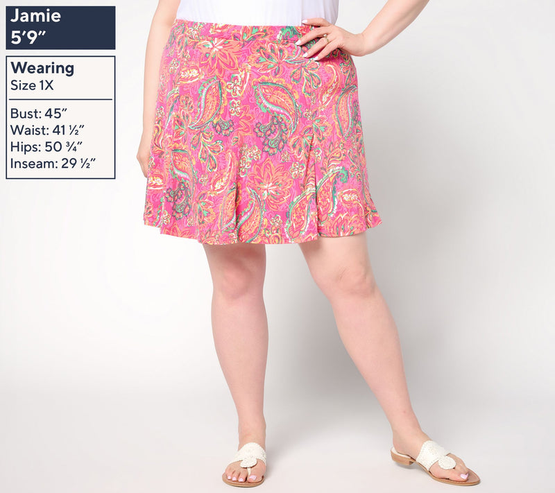 Susan Graver Petite Printed Liquid Knit 8-Gore Skort — View 2
