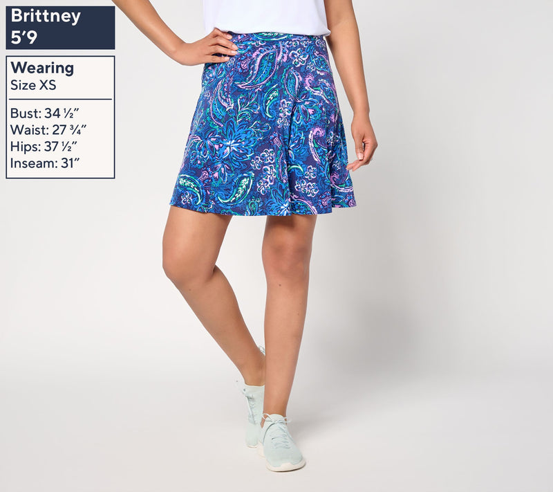 Susan Graver Petite Printed Liquid Knit 8-Gore Skort — View 3