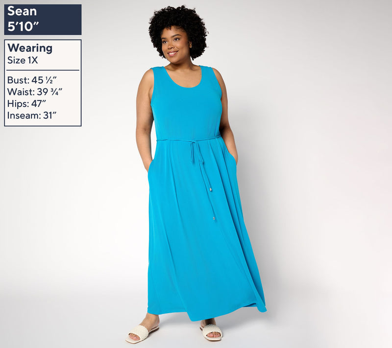 Susan Graver Regular Liquid Knit Belted Scoop Neck Maxi Dress — View 2
