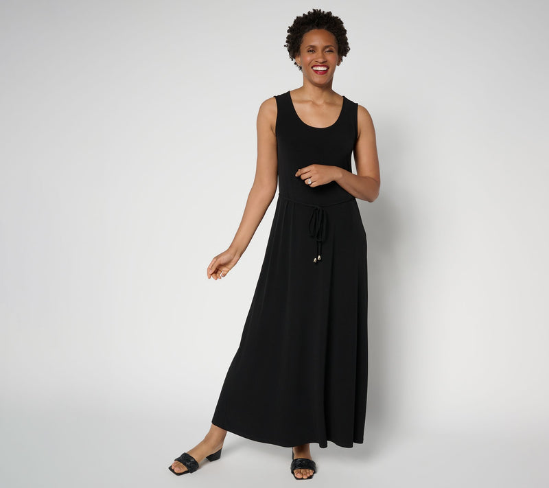 Susan Graver Petite Liquid Knit Belted Scoop Neck Maxi Dress — View 3