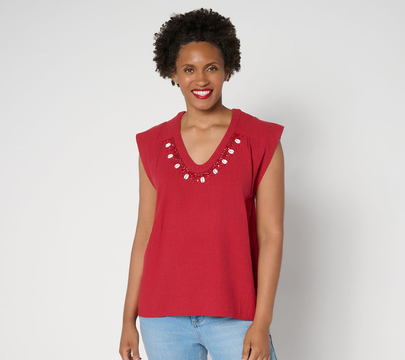 Peace Love World Textured Cotton Top with Embellished Neckline — Main view