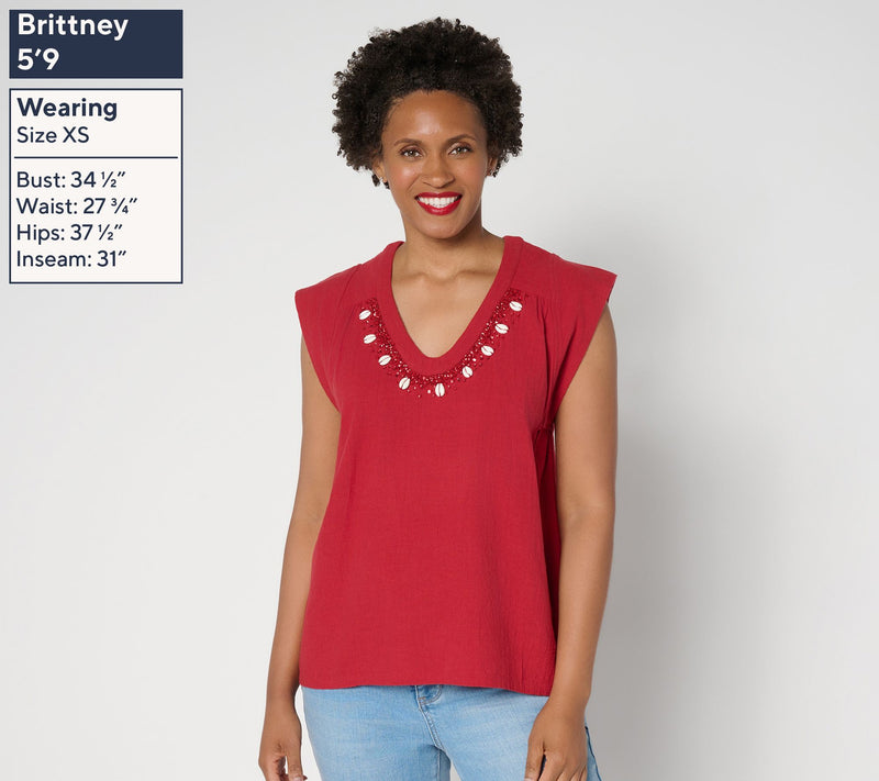 Peace Love World Textured Cotton Top with Embellished Neckline — View 3