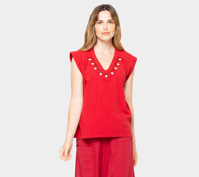 Peace Love World Textured Cotton Top with Embellished Neckline — View 8