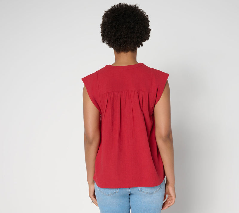Peace Love World Textured Cotton Top with Embellished Neckline — View 4