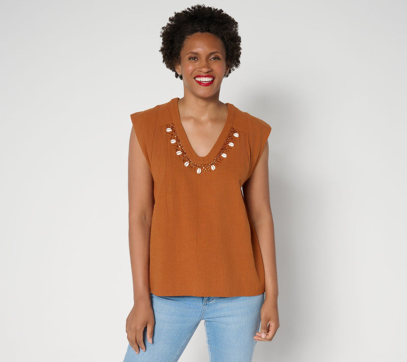 Peace Love World Textured Cotton Top with Embellished Neckline — View 12