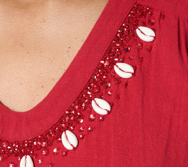 Peace Love World Textured Cotton Top with Embellished Neckline — View 6
