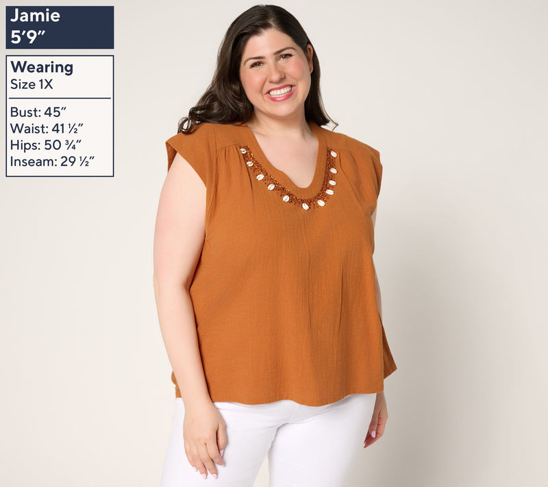 Peace Love World Textured Cotton Top with Embellished Neckline — View 2