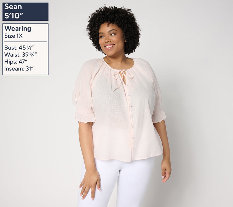 Me by Jennie Garth 100% Cotton Wharf Tie Neck Shirt — View 2