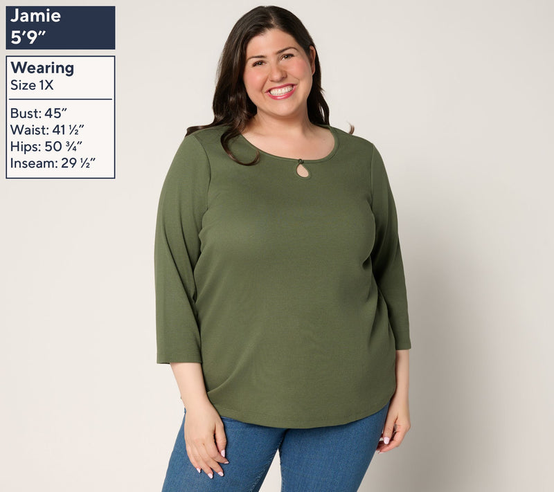 Denim & Co. Essentials Modal Rib 3/4 Sleeve Keyhole Top — View 2