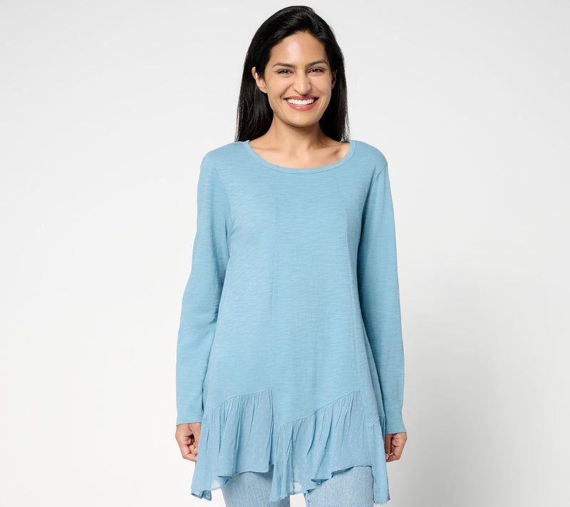 LOGO by Lori Goldstein 100% Cotton Top with Woven Step Hem — Main view