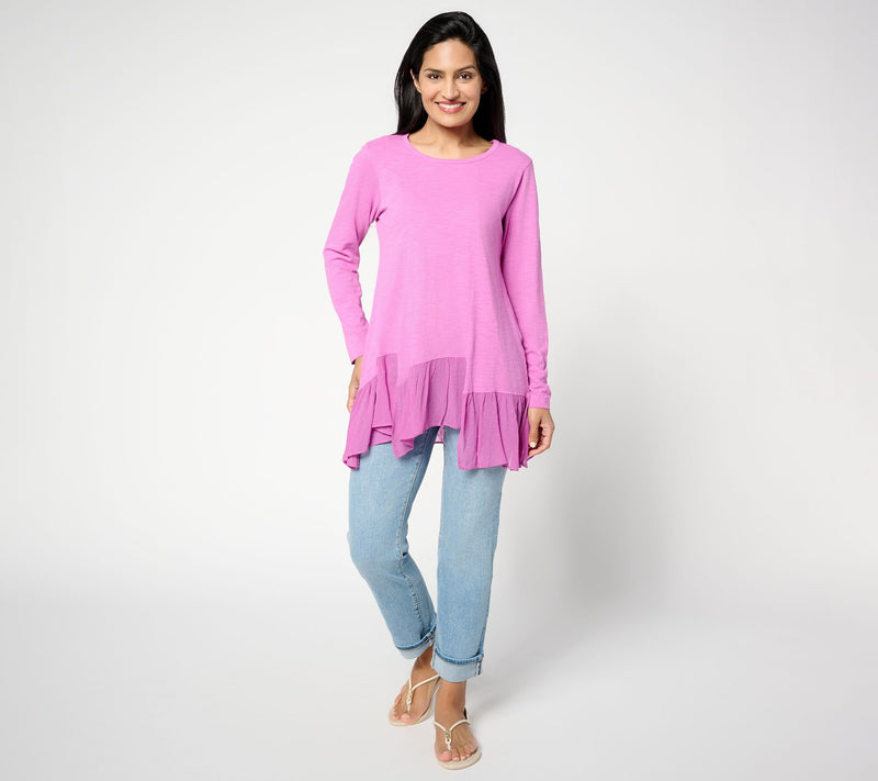 LOGO by Lori Goldstein 100% Cotton Top with Woven Step Hem — View 9
