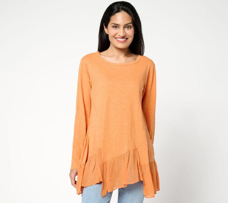 LOGO by Lori Goldstein 100% Cotton Top with Woven Step Hem — View 5