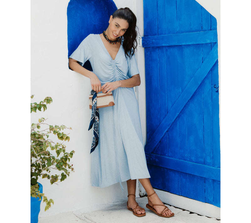 Peace Love World Regular Ruch Front Short Sleeve Midi Dress — View 11