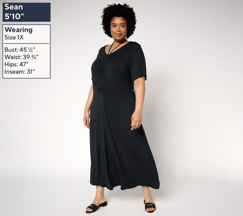 Peace Love World Regular Ruch Front Short Sleeve Midi Dress — View 6
