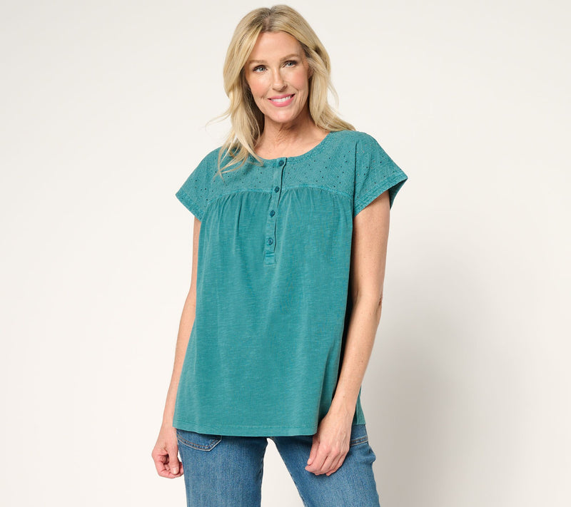 LOGO by Lori Goldstein 100% Cotton Embroidered Yoke Slub Tee — View 7
