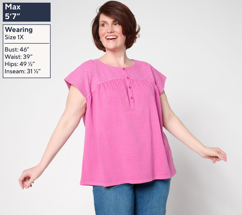 LOGO by Lori Goldstein 100% Cotton Embroidered Yoke Slub Tee — View 10