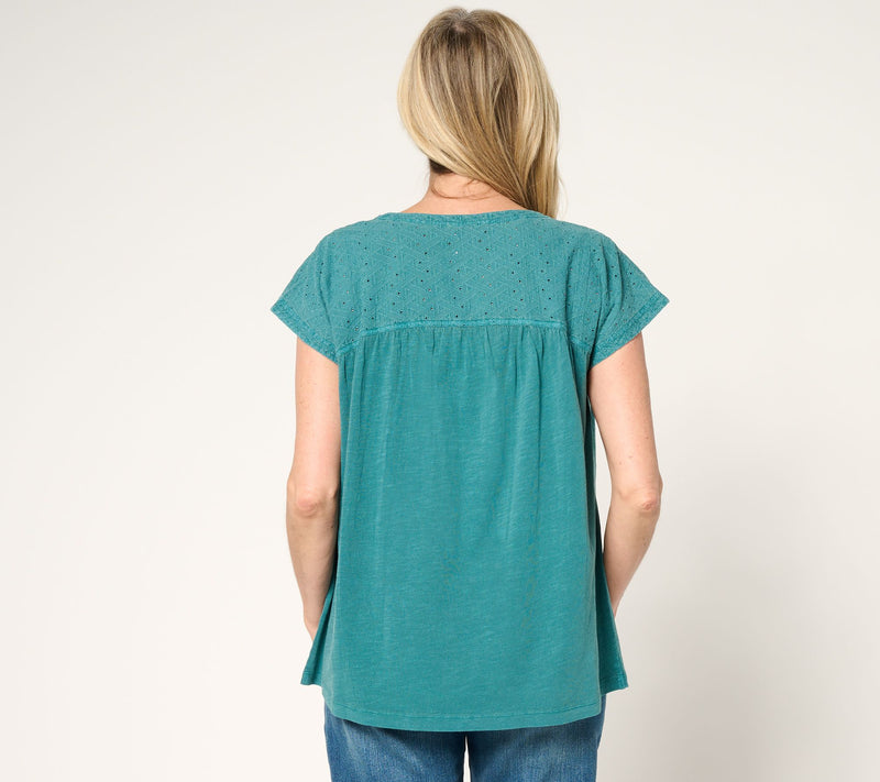 LOGO by Lori Goldstein 100% Cotton Embroidered Yoke Slub Tee — View 11