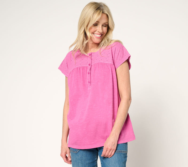 LOGO by Lori Goldstein 100% Cotton Embroidered Yoke Slub Tee — View 3