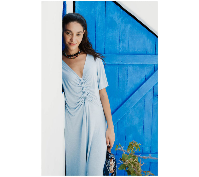Peace Love World Petite Ruch Front Short Sleeve Midi Dress — View 12