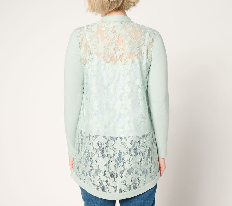 LOGO by Lori Goldstein Lace and Knit Open Front Cardigan — View 8