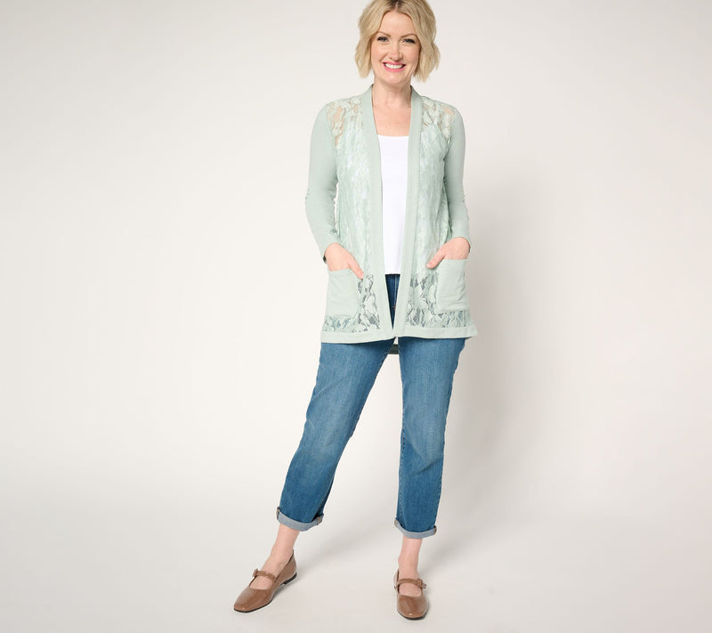 LOGO by Lori Goldstein Lace and Knit Open Front Cardigan — View 9