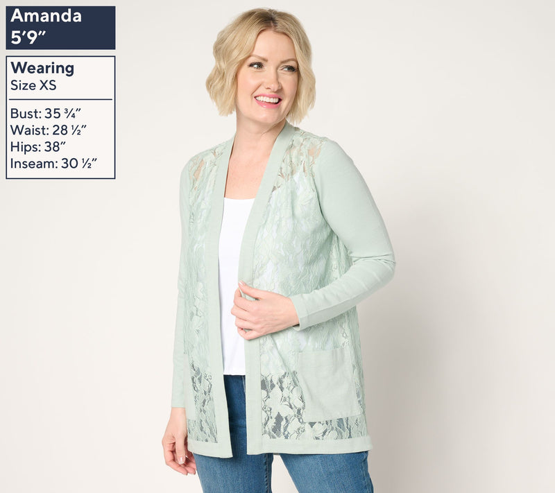 LOGO by Lori Goldstein Lace and Knit Open Front Cardigan — View 7