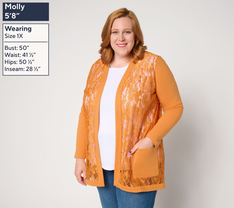 LOGO by Lori Goldstein Lace and Knit Open Front Cardigan — View 6