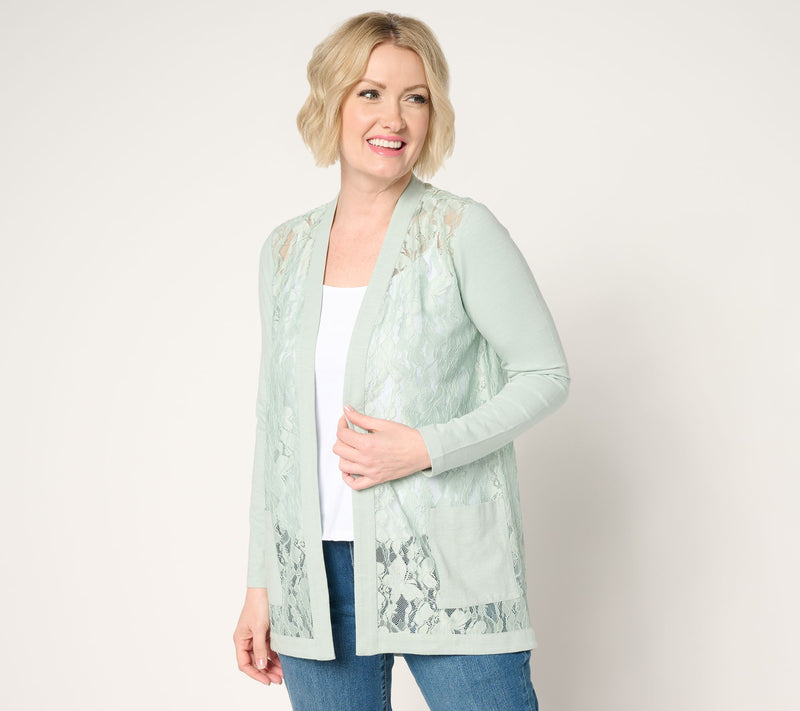LOGO by Lori Goldstein Lace and Knit Open Front Cardigan — View 13
