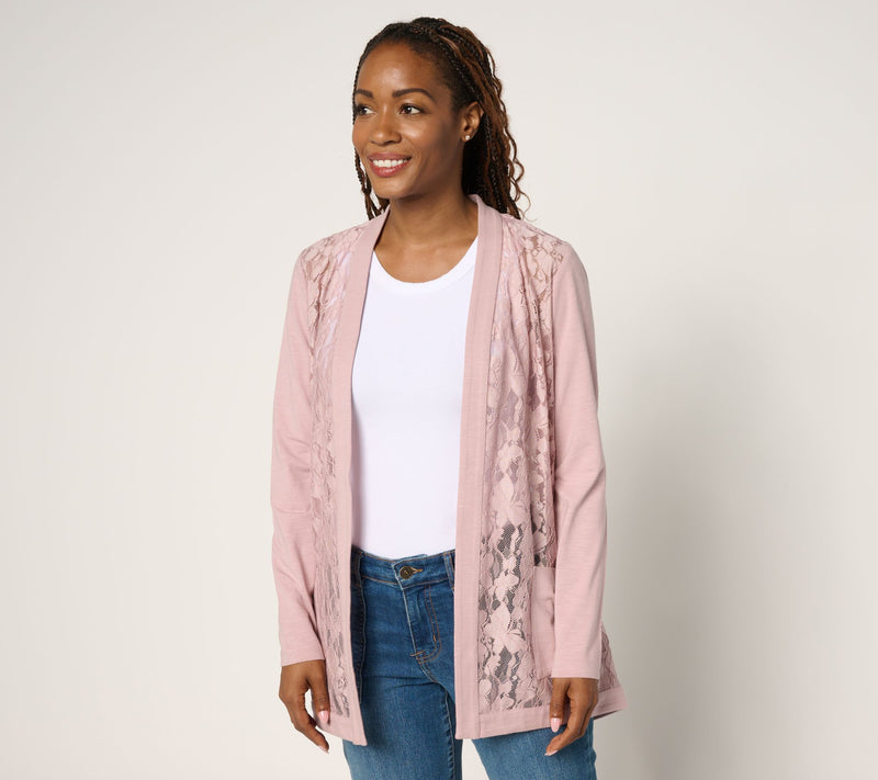 LOGO by Lori Goldstein Lace and Knit Open Front Cardigan — View 5