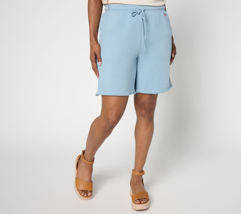 Peace Love World French Terry Shorts with Raw Edge — Main view
