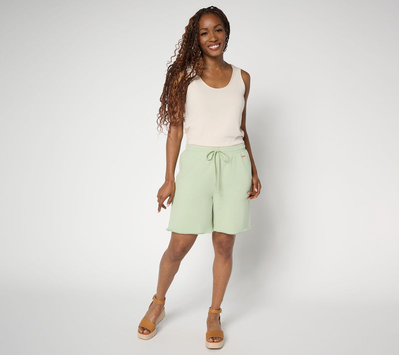 Peace Love World French Terry Shorts with Raw Edge — View 17
