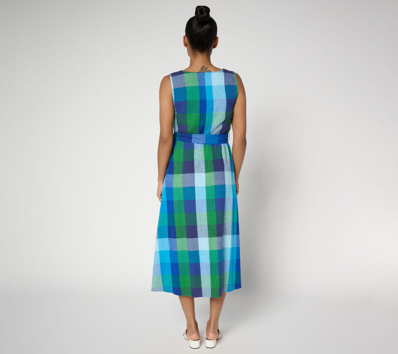 Isaac Mizrahi Live! Regular Madras Plaid Midi Dress with Self Belt — View 10