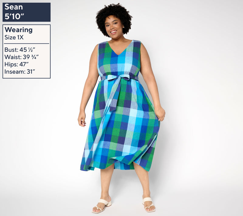 Isaac Mizrahi Live! Regular Madras Plaid Midi Dress with Self Belt — View 8