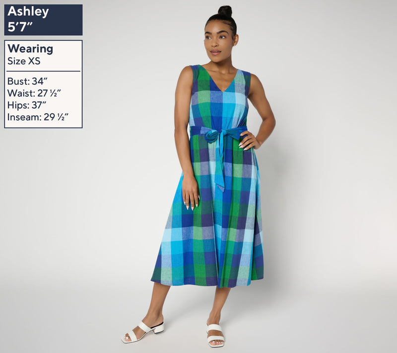 Isaac Mizrahi Live! Petite Madras Plaid Midi Dress with Self Belt — View 3
