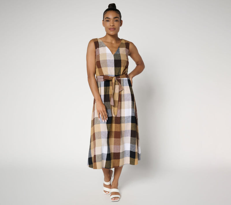 Isaac Mizrahi Live! Petite Madras Plaid Midi Dress with Self Belt — View 11