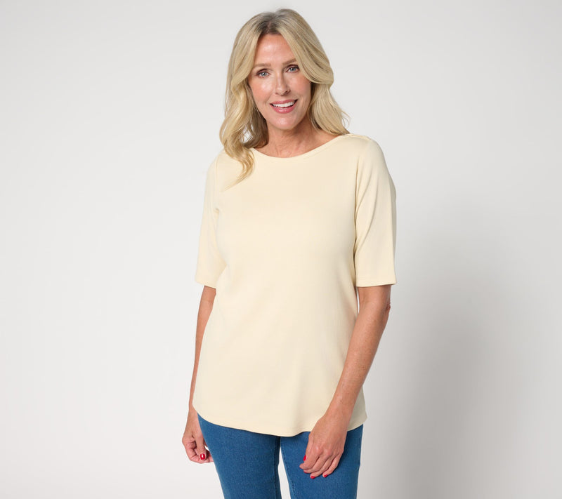 Denim & Co. Essentials Modal Rib Elbow Sleeve Boat Neck Top — View 3