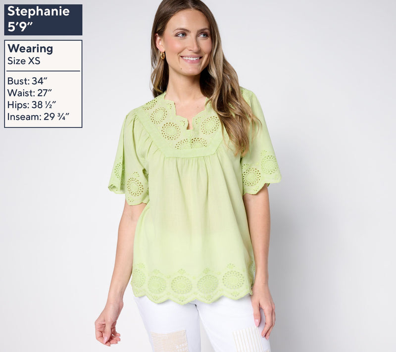 LOGO Lavish by Lori Goldstein 100% Cotton V-Neck Eyelet Top — View 8