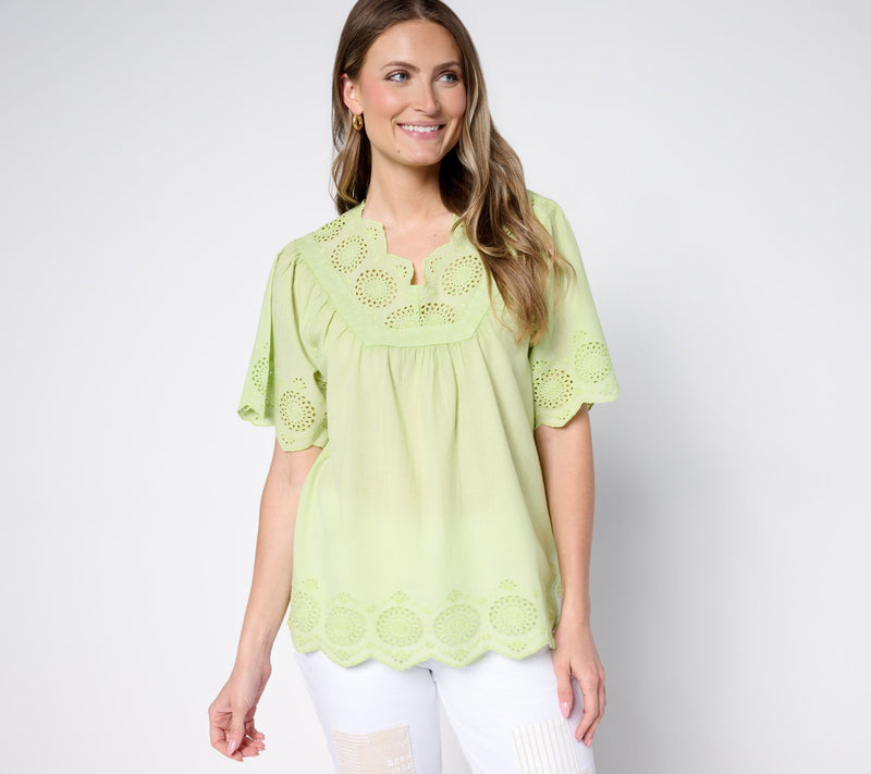 LOGO Lavish by Lori Goldstein 100% Cotton V-Neck Eyelet Top — View 5