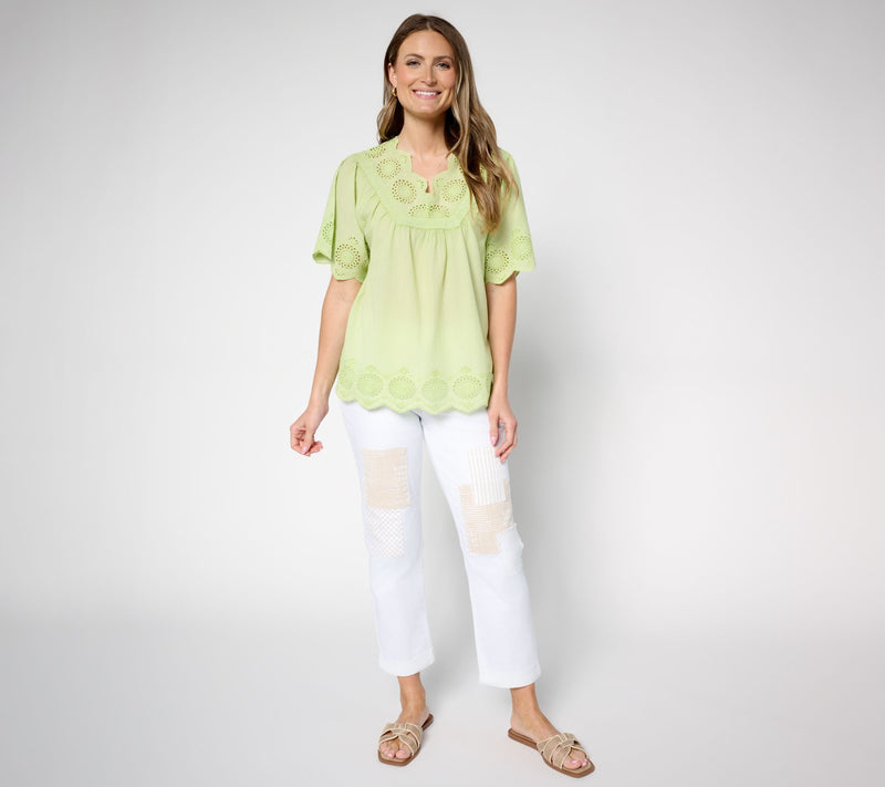 LOGO Lavish by Lori Goldstein 100% Cotton V-Neck Eyelet Top — View 10