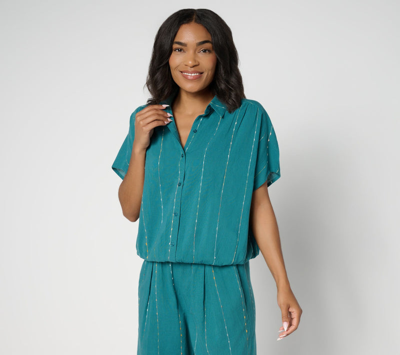 LOGO by Lori Goldstein 100% Cotton Button Front Shirt — View 3