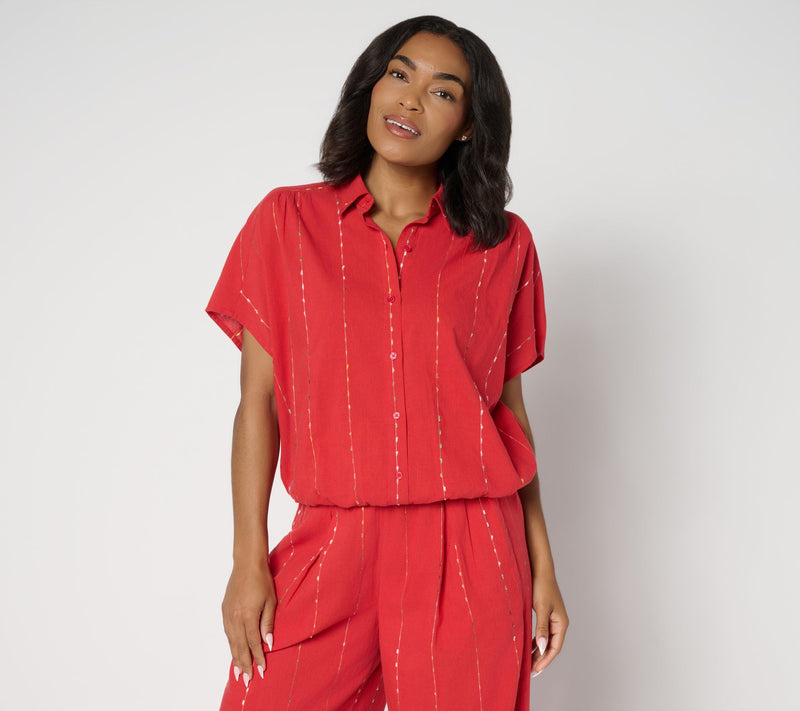 LOGO by Lori Goldstein 100% Cotton Button Front Shirt — View 5