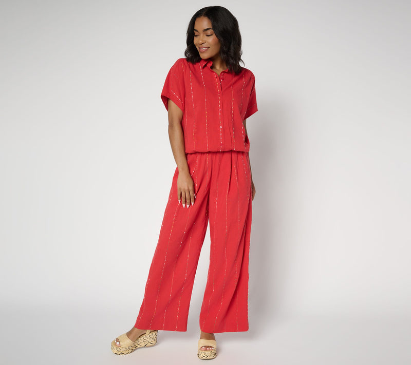 LOGO by Lori Goldstein Petite Cotton Full Length Wide Leg Pants — View 10