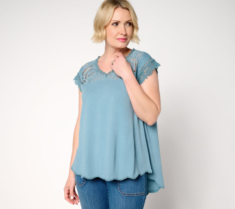 LOGO Lavish by Lori Goldstein 100% Cotton Scallop Hem Top — View 5
