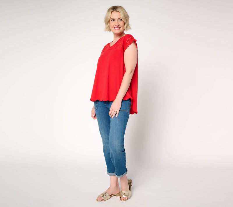LOGO Lavish by Lori Goldstein 100% Cotton Scallop Hem Top — View 11