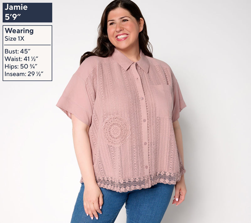 LOGO Lavish by Lori Goldstein 100% Cotton Mixed Media Lace Shirt — View 2