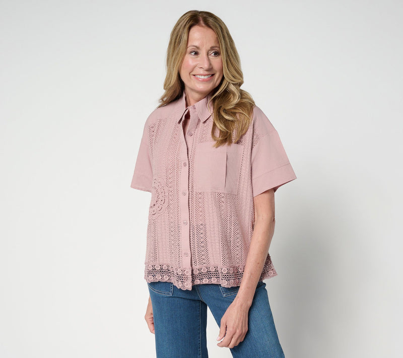 LOGO Lavish by Lori Goldstein 100% Cotton Mixed Media Lace Shirt — Main view