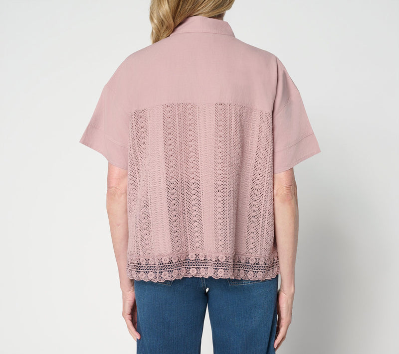 LOGO Lavish by Lori Goldstein 100% Cotton Mixed Media Lace Shirt — View 3