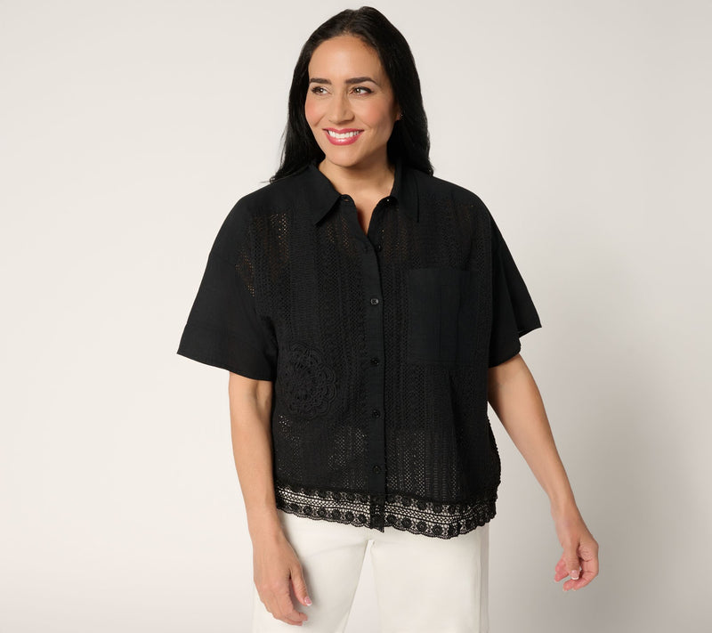 LOGO Lavish by Lori Goldstein 100% Cotton Mixed Media Lace Shirt — View 10